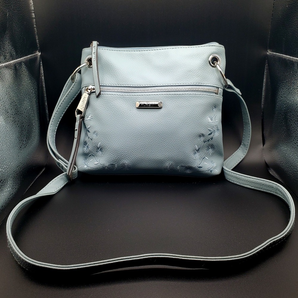 Rosetti Purse Baby Blue W/ Embroidered Flowers & Adjustable Strap. 9"×9"×2 &1/2"